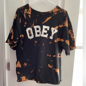 Bleach tie dye obey cropped black top size large